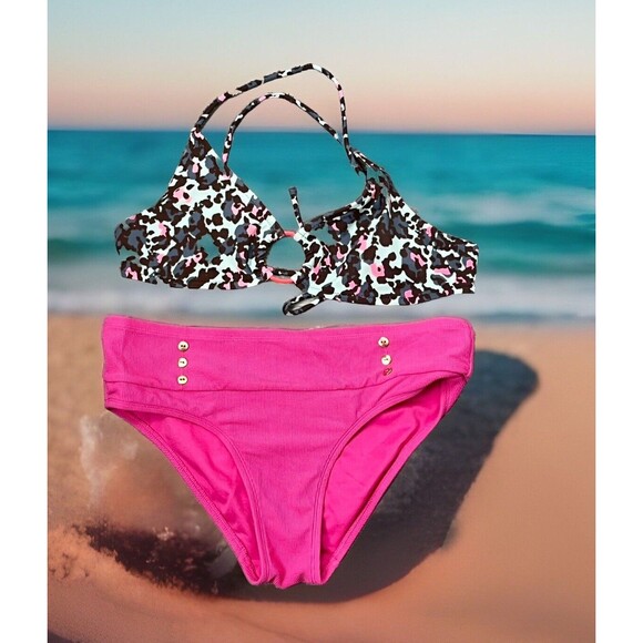 Bikini 2 Piece Swimsuit Cross Back Tie Ring Camo Top Pink Bottoms Small Swimwear - Picture 1 of 3